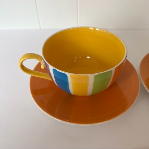 Vintage Hand Painted Cabana Stripes Cup & Saucer Set of 2 Canhome Thailand - Picture 6 of 11